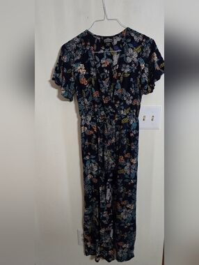 Angie Navy Floral V-Neck Romper Maxi Dress